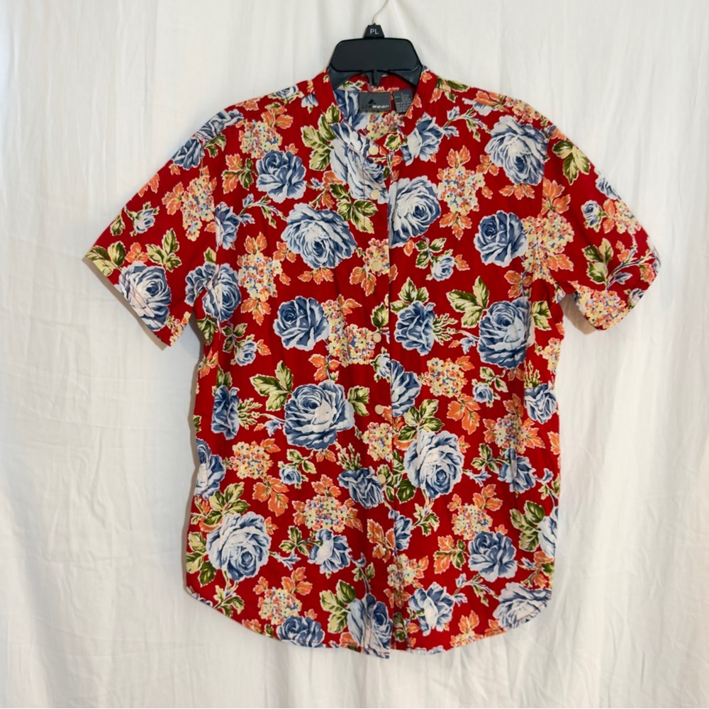 VTG Lizwear  Red Blue Floral Button Down Shirt Women L Cotton Cottagecore Y2k